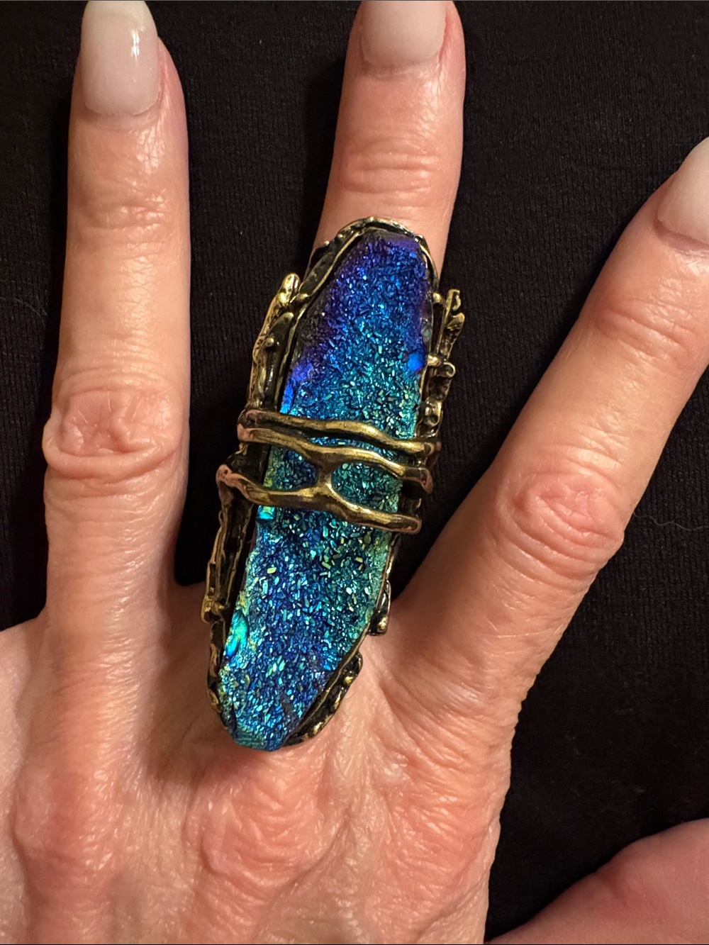 Blue-Green Druzy Statement Ring - BrassTone Setting